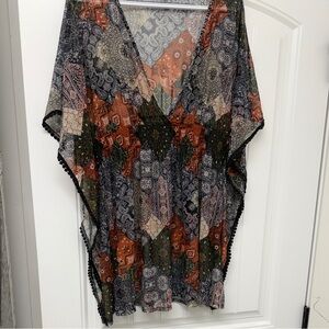Lavish Paisley Sheer Kimono swim cover in Black, Cream & Rust Accents size Medi